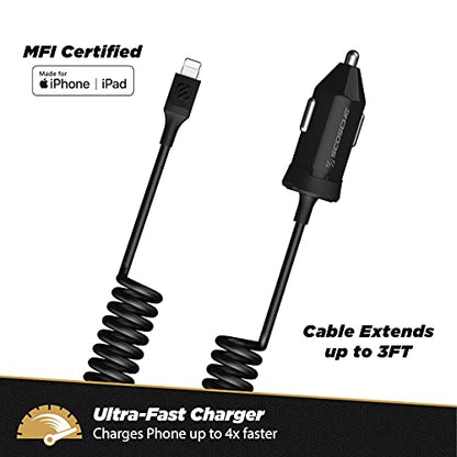 Scosche CPDi4203 PowerVolt 20-Watt MFi Certified Fast Car Charger Power Delivery 3.0 with Attached 4-Foot Adjustable Coiled Lightning Cable for All Lightning Devices - style: 20W w/ Lightning Cable
