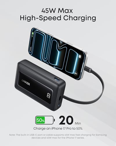 Anker Zolo Power Bank, 20,000mAh 45W Portable Charger with Built-in USB-C - color: Black, size: Built-in C cable*1