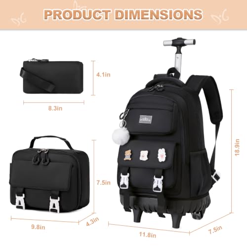 DIGOBAY Rolling Backpack for Girls, Roller Bag with Lunch Box Pencil case | Kawaii Girls Roller Backpack With Wheels School Bookbag With Cute Pins for Elementary Middle School, Black - color: Black