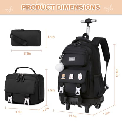 DIGOBAY Rolling Backpack for Girls, Roller Bag with Lunch Box Pencil case | Kawaii Girls Roller Backpack With Wheels School Bookbag With Cute Pins for Elementary Middle School, Black - color: Black