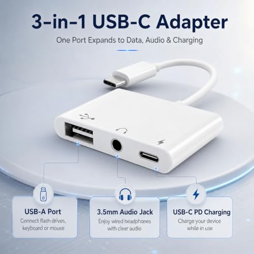 3-in-1 USB C Adapter for iPhone 15 16, USB C to USB-A OTG Adapter with 3.5mm Headphone Jack & PD Fast Charging Port, USB C Splitter for MacBook Pro Air, iPad Pro, Samsung Galaxy S23 S24