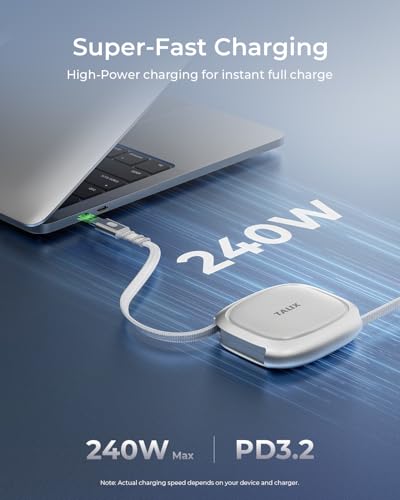 TALIX 240W Retractable USB C Cable, PD 3.2 Fast Charging USB C to USB C Cable with Mag Snap Storage, E-Marker Chip, Anti-Tangle Retractable Cord for Travel, iPhone 17, MacBook, Samsung S25, 3.94FT