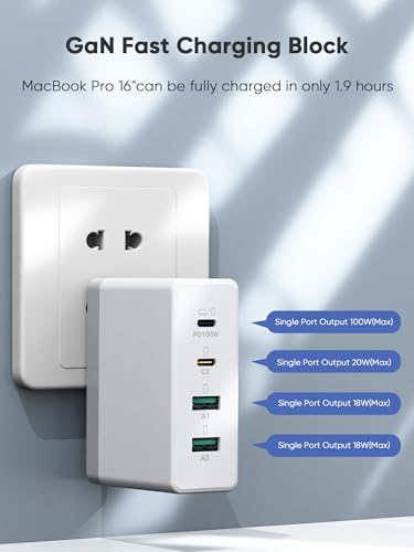 Mac Book Pro Charger,120W GaN 4-Port USB C Charger Block,Exclusive PD 100W for MacBook Pro/Air,ipad Pro,Samsung Galaxy,iPhone 16/15/Pro and All USB C Device-White