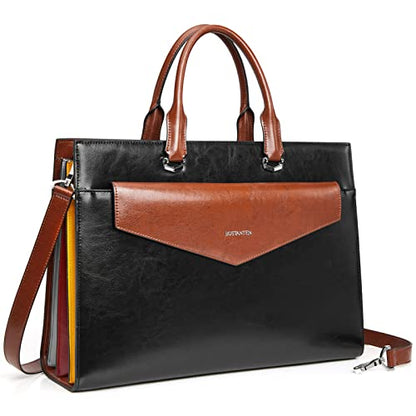 BOSTANTEN Briefcase for Women Laptop Tote 15.6 Inch Genuine Leather Handbag Work Bag Beige - color: D-black&brown
