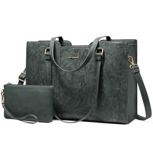 LOVEVOOK Laptop Bag for Women - Waterproof Work Bag for Women & Vintage Laptop Tote Purse with Wristlet - color: Green Embossed, size: 17.3 inch