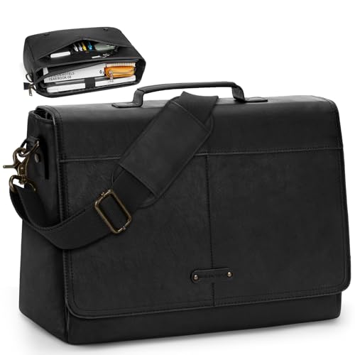 RAINSMORE Vintage Flap Messenger Bag for Men PU Leather Laptop Bag 15.6 Inch Mens Briefcase Waterproof Satchel Computer Bag - color: Black