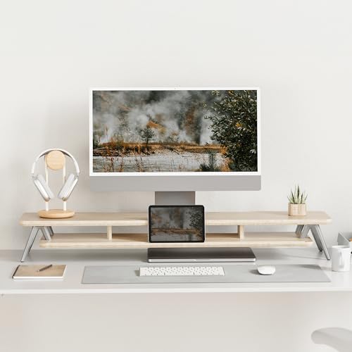 Fenge Dual Monitor Stand Riser, Wooden Desk Shelf with 2-Tier Storage | 42.5-Inch Wide, Sturdy Aluminum Legs, Built-In Phone & Tablet Slot, Desktop Organizer for Office Accessories - color: Oak, size: 42.5 Inch