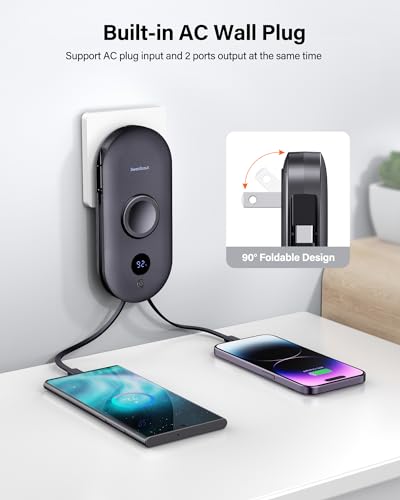 Portable Charger for Samsung Watch Ultra 2/8/7/6/5, 10000mAh Power Bank | Built-in Cables and AC Wall Plug, Travel Battery Pack for iPhones and Samsung Phones, SwanScout 302S