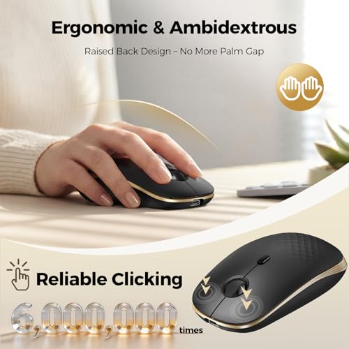 TECKNET Rechargeable Slim Portable Silent Computer 2.4 GHz Wireless Mouse | Lightweight Ambidextrous with Nano Receiver, 4000 DPI Optical Tracking 90-Day Battery Life, Compatible with PC, Mac, Laptop - color: Black gold