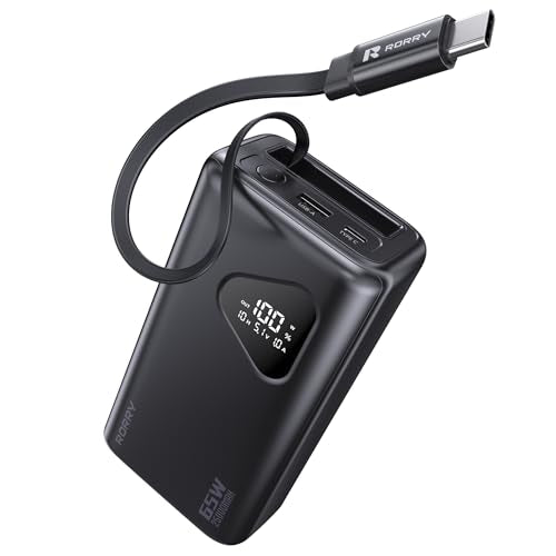 RORRY Laptop Power Bank, 25000mAh 65W Portable Charger Retractable Cables | Battery Bank,PD,Fast Charger,for iPhone 17/16/15 Series,for MacBook,for Samsung,for Dell,for XPS, for iPad,for Steam Deck - color: Black