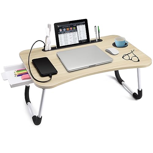 Slendor Bed Desk for Laptop and Writing with Storage, Cup Holder, Light | Fan, Pen Holder,Tablet Holder,Foldable, for Bed, Couch, Floor, Portable,White Maple - color: White Maple