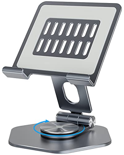 Tablet Stand, Aluminum Desktop Holder, Compatible with 5-12.9" iPad, Grey | 360° Swivel Adjustable Viewing Angles; Sturdy All-Aluminum Design Improve heat dissipation; Foldable and Storage; - color: Grey