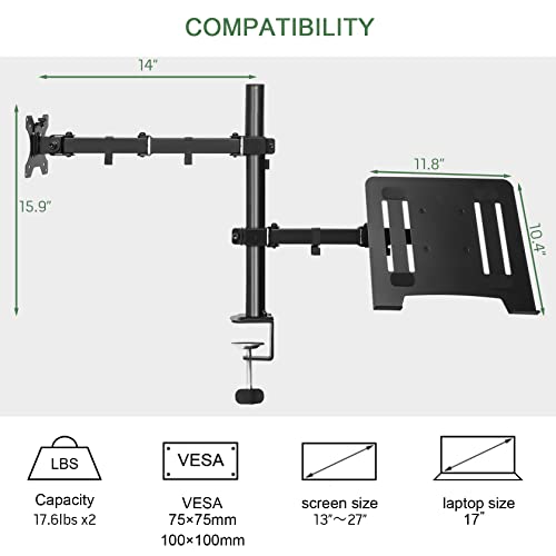 UPGRAVITY Monitor and Laptop Mount, Monitor Arm with Vented Tray for 13" to 27" LCD Computer Screens and Notebook up to 17 inch, Fully Adjustable Laptop Mount Stand Holds up to 17.6lbs
