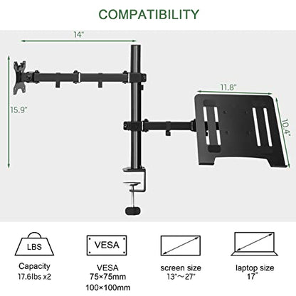 UPGRAVITY Monitor and Laptop Mount, Monitor Arm with Vented Tray for 13" to 27" LCD Computer Screens and Notebook up to 17 inch, Fully Adjustable Laptop Mount Stand Holds up to 17.6lbs