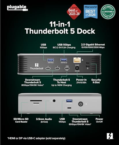 Plugable Thunderbolt 5 Docking Station for MacBook Pro and Windows, 140W Charging, Dual 6K@60Hz Mac, Dual 8K Windows, 80/120Gbps, 3X Thunderbolt 5 Ports, 2.5GbE, Driverless (TBT-UDT3)