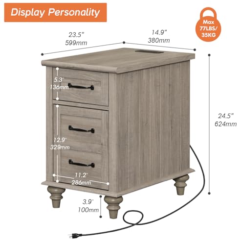 WAMPAT Gray End Table with Charging Station, Wooden Side Table with 1 Drawer &1 Storage Cabinet, Mid Century Modern Nightstand with Power Outlets & USB Ports for Living Room, Bedroom - color: Grey