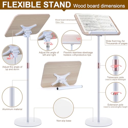 2 in 1 Dual-use Music Stand & Desktop Book Stand, Adjustable Height 16.5"-51", 100% Solid Wood Laptop Floor Stand Book Holder with Elastic Page Clips for Cookbooks (White) - color: White