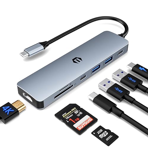 USB C Hub Multiport Adapter, 7 in 1 USB C Docking Station with HDMI, 100W PD Charger, 2 USB 3.0, USB C 3.0, SD/TF Card Reader for Chromebook Pixel, Dell XPS 13