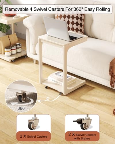 AQIMUELE Wooden C-Shaped End Table,Couch Table with Adjustable Desktop,Small Rolling Side Table with 2 Lockable Wheels,Small End Table for Couch, Living Room,Bedroom (White) - color: White, size: 15.6"D x 15.7"W x 24.8"H, style: Modern 2 Tier