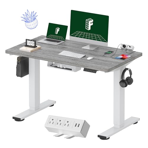 FLEXISPOT EN2 48"x24" Whole-Piece Standing Desk with Power Strip | Whole-Piece Desktop, Easy-Access Clamp Power Strip, Organized Cable Management, Modern Home Office Setup, Gray Wood Grain - color: Gray Wood Grain + White Frame, size: 48x24"