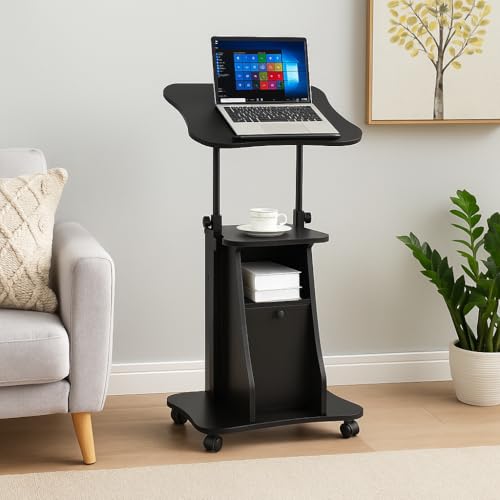 Tangkula Mobile Laptop Podium Set of 2, Height Adjustable Sit to Stand Desk with Tilting Desktop & Storage Cabinet, Ergonomic Rolling Lectern Cart Laptop Desk, Office Podium Stand on Wheels - color: Black, size: 21.5" x 15.5" x 45"