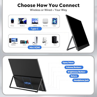 16" 2.5K Wireless Portable Monitor with Battery 8000mAh, 500 Nits HDR Display, 125% sRGB, USB-C / Mini HDMI External Travel Monitor, Auto Rotation, VESA Compatible for MacBook, iPhone, iPad, Windows - size: 16 inch