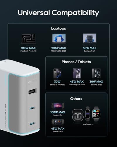 CUKTECH 100W GaN USB C Fast Charger, 3-Port Wall Charger, Compact Fast Charging Block, Foldable Power Adapter for MacBook Pro/Air, iPhone 17/16/15, Galaxy S24, Pixel, Steam Deck, with 240W Cable - color: White