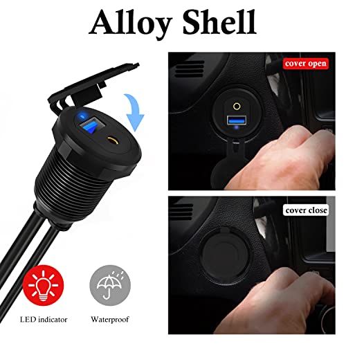 Alloy USB 3.0 AUX DC3.5mm Port Car Mount Flush Cable for Car Boat Motorcycle Dash Panel with LED Indicator - 3ft - style: USB3.0 & DC3.5 3ft
