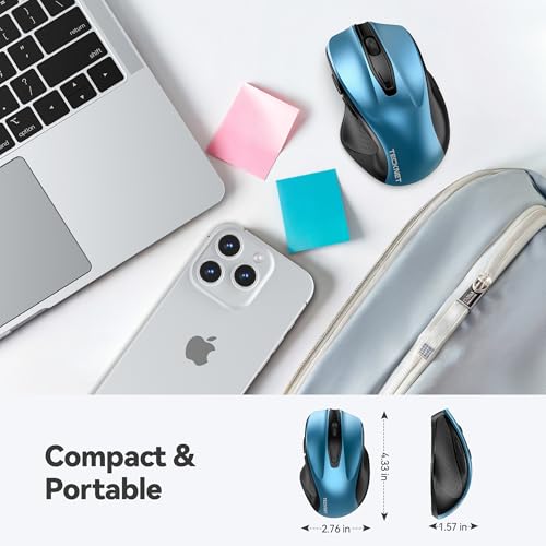 TECKNET Wireless Mouse, 2.4G Ergonomic Computer Mouse, 2600 DPI, Azure | Ergonomic Design with Side Grips, Adjustable DPI, 2-Year Battery, Compact Size, USB-A Plug & Play, Wide OS Compatibility - color: Azure
