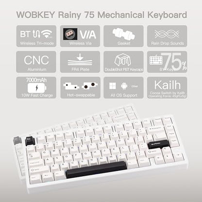 KEEBMONKEY WOBKEY Rainy 75 CNC Aluminum HMX/JWK/Cocoa Switches Triple-Mode Connectivity Mechanical Keyboard with Superior Acoustics, RGB/FR4/Silver SUS304/7000mAh/Cocoa Switch (Pro - Luna) - style: Pro - Luna