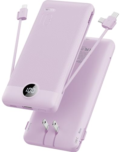 VRURC Portable Charger, Power Bank Built-in Cables and AC Wall Plug | USB C Power Bank 10000mAh Travel Essentials Phone Charger Compact External Battery Pack For Smart Phones, Tablets etc-Purple - color: Purple