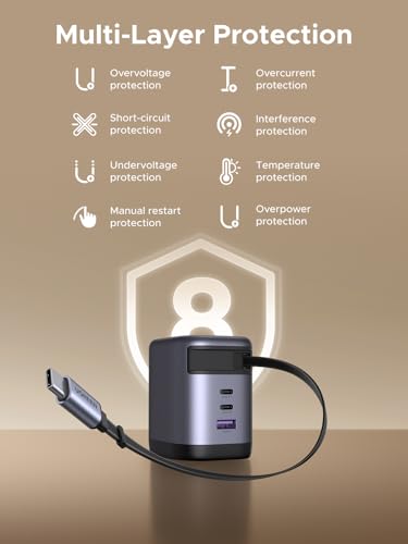 UGREEN Nexode 100W GaN 3-Port USB-C Charger for MacBook & iPhone | Built-in retractable cable, GaN tech, Wall adapter. Powers for laptops, iPhones, DJI drones