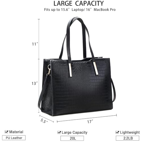 15.6" Laptop Work Tote Bag for Women Shoulder Handbag Large, Black | 2 water bottle pocket. Lightweight 2.2 Lbs. Capacity 20L. Vegan Leather. Waterproof. L17” x H12” x W5.5”. Handle Drop 11".