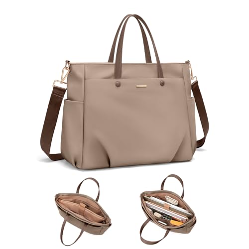 14 Inch Laptop Tote Bag for Women, Lightweight Nylon Work Shoulder Bag, Water-Resistant Computer Handbag with Pockets for Business Travel & Commute (Champagne) - color: Champagne, size: 14 Inch