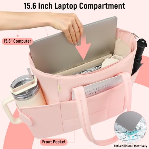 Puffer Tote Bag with Large Cup Holder& 15.6 Inch Laptop Compartment, Lightweight Puffy Work Bag with Water Bottle Pocket, Large Laptop Tote with Clutch Purse for Women Teacher Nurse (Pink) - color: Pink