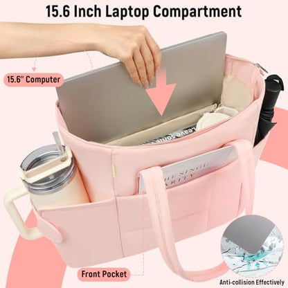 Puffer Tote Bag with Large Cup Holder& 15.6 Inch Laptop Compartment, Lightweight Puffy Work Bag with Water Bottle Pocket, Large Laptop Tote with Clutch Purse for Women Teacher Nurse (Pink) - color: Pink