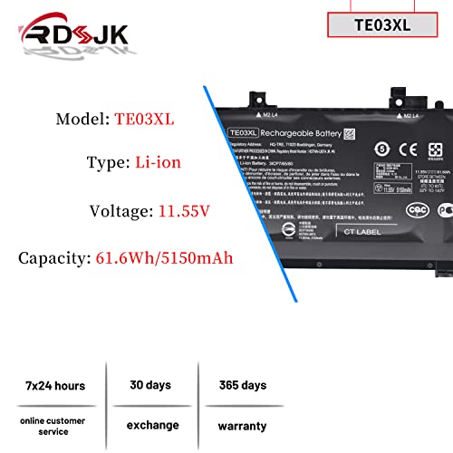 TE03XL 11.55V 61.6Wh Battery for HP Pavilion Notebook PC 15 Omen 15-AX033DX 15-AX000 Series 849910-850 HSTNN-UB7A 849570-541 849570-542 849570-543 TPN-Q173