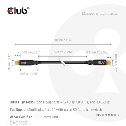 Club 3D CAC-1165 Mini DisplayPort to Mini DisplayPort Bi-Directional VESA DP80 Certified Cable M/M 1m/3.28ft