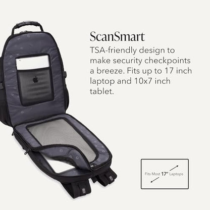 SWISSGEAR 1900 ScanSmart Laptop Backpack, Fits Most 17-Inch Laptops, TSA-Friendly Lay-Flat Design, RFID Protection, and Tablet Pocket, Black, 31L, 18.5-Inch - color: Black/Black