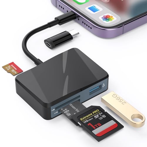 SD Card Reader for iPhone, Memory Card Reader with USB-C to Lightning Adapter Plug and Play Trail Game Camera Micro SD Card Viewer Support SD/TF/MS Card and USB Port for iPad Mac No App(Black) - color: Black