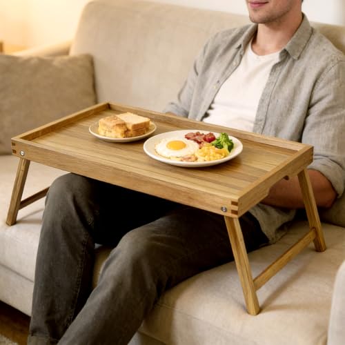 VaeFae Acacia Bed Table Tray, Wooden Breakfast Tray with Folding Legs, Bed Tray for Eating and Laptop, Eating Trays for Bedroom (Extra Large Size) - size: Extra Large