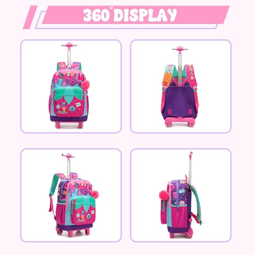 Girls Rolling Backpack with Lunch Box School Backpacks with Wheels 16.5" Roller Backpack for Girls, 3pcs Kids Wheeled Bookbag for Elementary School - color: Pink Strawberry
