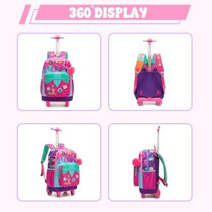 Girls Rolling Backpack with Lunch Box School Backpacks with Wheels 16.5" Roller Backpack for Girls, 3pcs Kids Wheeled Bookbag for Elementary School - color: Pink Strawberry