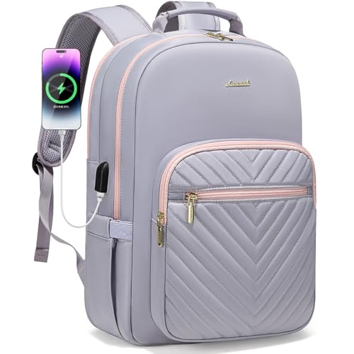 LOVEVOOK Laptop Backpack for Women 15.6 inch,Cute Travel Carry on Backpack Purse,Professional Computer Bag,Waterproof Work Business College Teacher Bag with USB Port,Grey Pink - color: Grey Pink, size: 15.6 inch