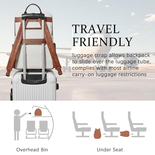 Shrrie Upgraded Large Travel Laptop Backpack with Laptop Compartmetn Fits 17 inch Laptop,Waterproof Vegan Leather Computer Backpack for Women and Men Work Business College - color: Beige With Brown
