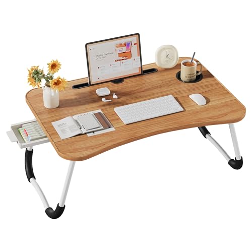 Lap Desk Bed Trays for Eating and Laptops Breakfast in Bed Tray for Sofa/Couch/Study/Reading/Writing with Cup Holder/Drawer On Low Sitting Floor Large Portable Foldable (Walnut Beige) - color: Walnut Beige