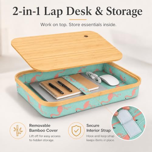 Mayjoy Bamboo Laptop Lap Desk with Storage, Removable Cover, Aqua | Use laptops up to 15.6” on the bamboo top; store tablets, notebooks, mouse, cables, and pens inside. - color: Aqua