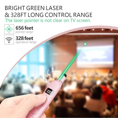 N21 Bluetooth Presentation Clicker for PowerPoint with Retractable Pointer | ①Green laser ②Telescopic touch pen ③Countdown timer, vibration alert ④Customizable Button ⑤Rechargeable;battery level display - color: Pink - Green Pointer