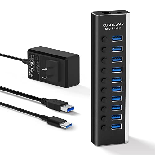 Powered USB Hub, Rosonway 10 Port USB 3.1/3.2 Gen 2 Hub 10Gbps with 36W (12V/3A) Power Adapter, Type A and Type C Cables, Aluminum USB C Hub Splitter for PC and Laptop (RSH-A10S) - size: 10 Port USB 3.1 Hub 10Gbps