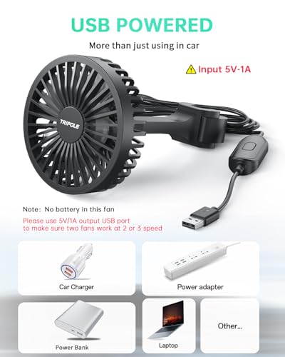 TriPole Car Fan for Rear Seat USB Powered Powerful 3 Speed 5V Fan with Adjustable Clip for Vehicles SUV RV